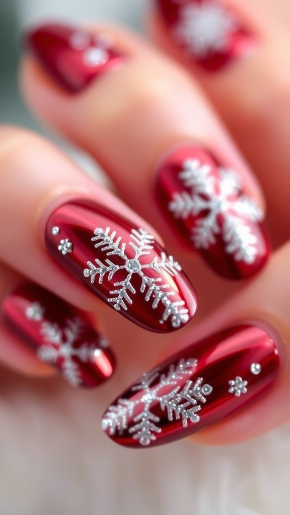 Elegant Christmas nails with chrome finish and snowflake designs.